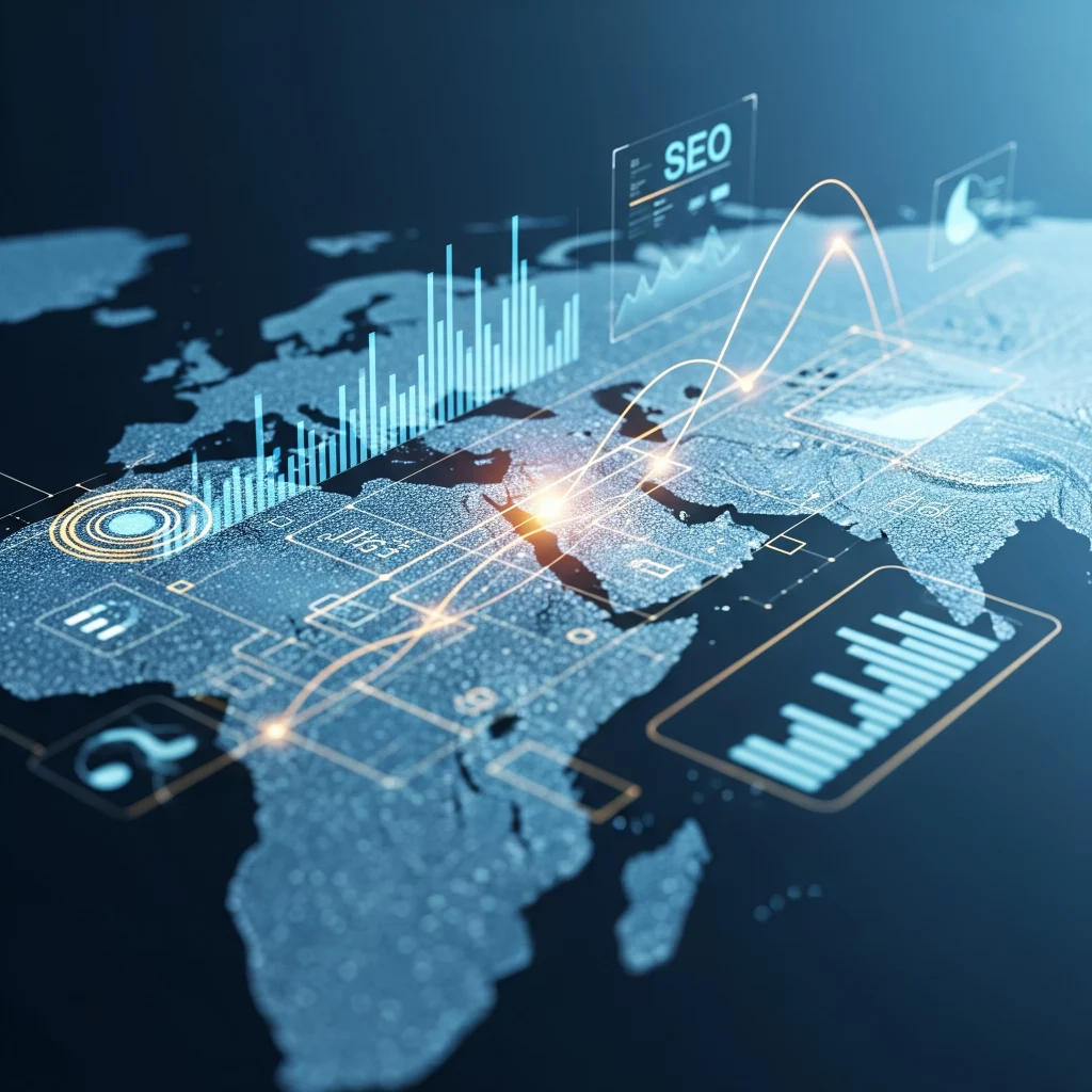 خريطة رقمية متوهجة لمنطقة الخليج مع رسوم بيانية ترمز لخدمات SEO والتسويق الرقمي من SEO LAB