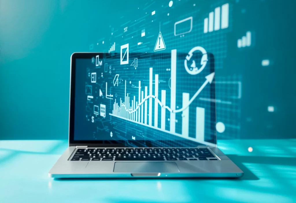 لوحة تحكم لتحليل بيانات الأعمال تعرض رسوم بيانية ومؤشرات أداء رئيسية لخدمات SEO.
